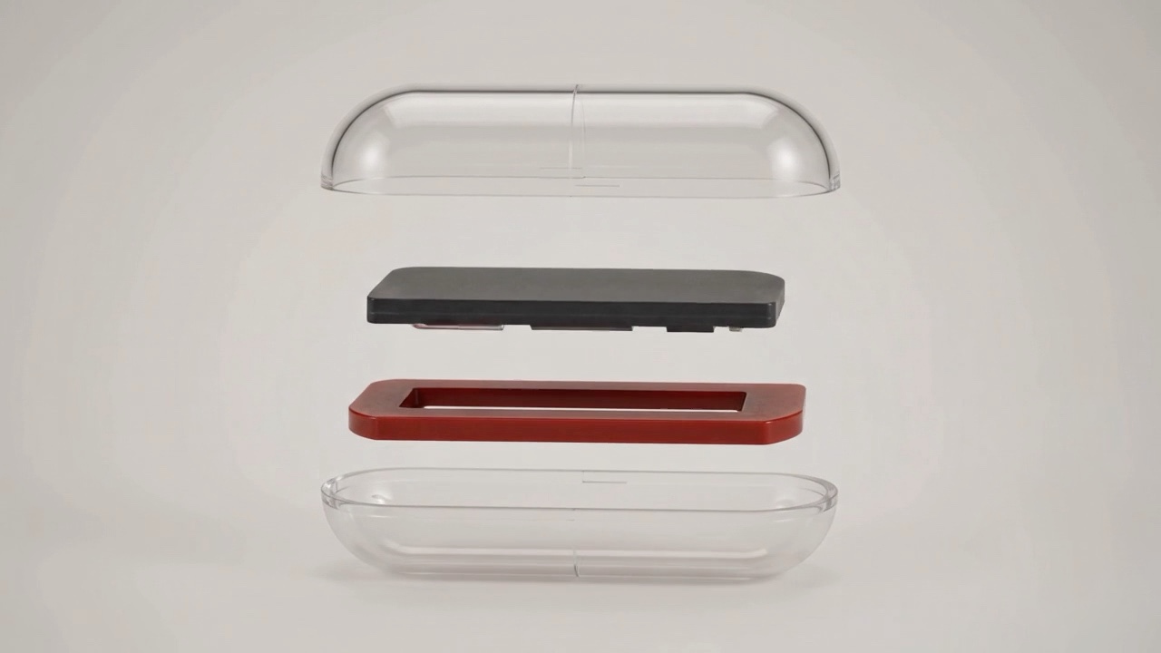 Exploded view of the transparent capsule shell, magnetic leaf and magnetic frame